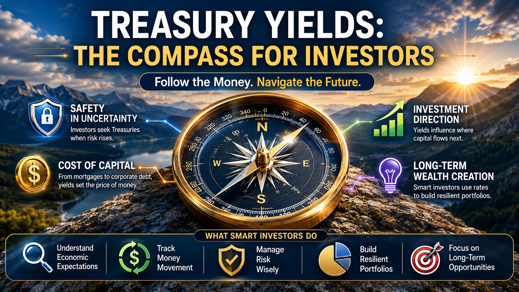Compass representing Treasury yields as a guide to capital flows, investment direction, and long-term wealth creation.