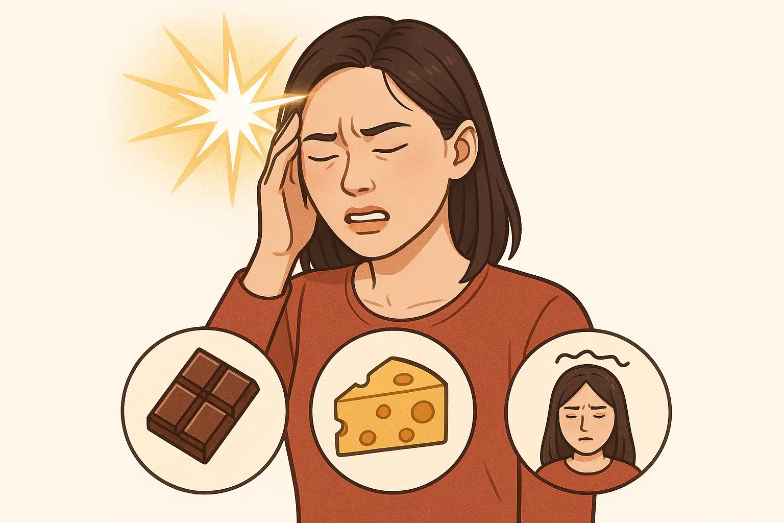 한쪽 머리를 부여잡고 고통스러워하는 여성, 눈앞에 번쩍이는 빛(전조 증상) 표현, 편두통 트리거(초콜릿, 치즈, 스트레스)