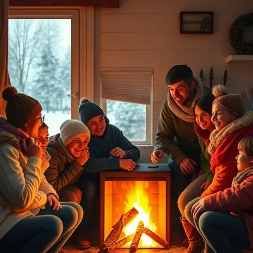 따뜻하게 타오르는 벽난로 또는 난로 앞에 가족이나 이웃이 옹기종기 모여 앉아 따뜻함을 나누는 모습. 난로의 불꽃이 온화하고 안정적인 빛을 발합니다.