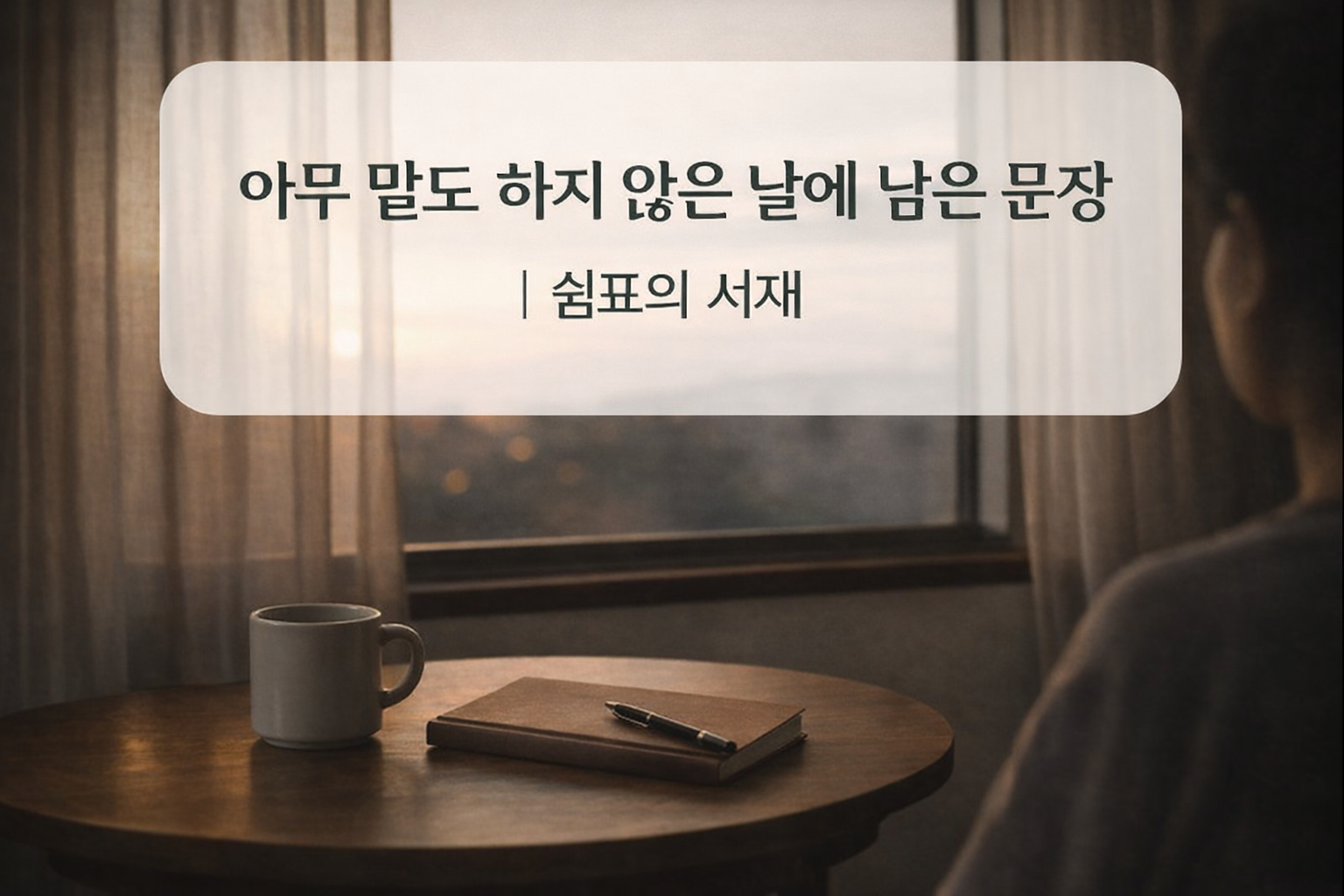 조용한 저녁, 창가 테이블 위에 놓인 노트와 커피잔. 아무 말도 하지 않은 하루를 상징하는 쉼표의 서재 이미지