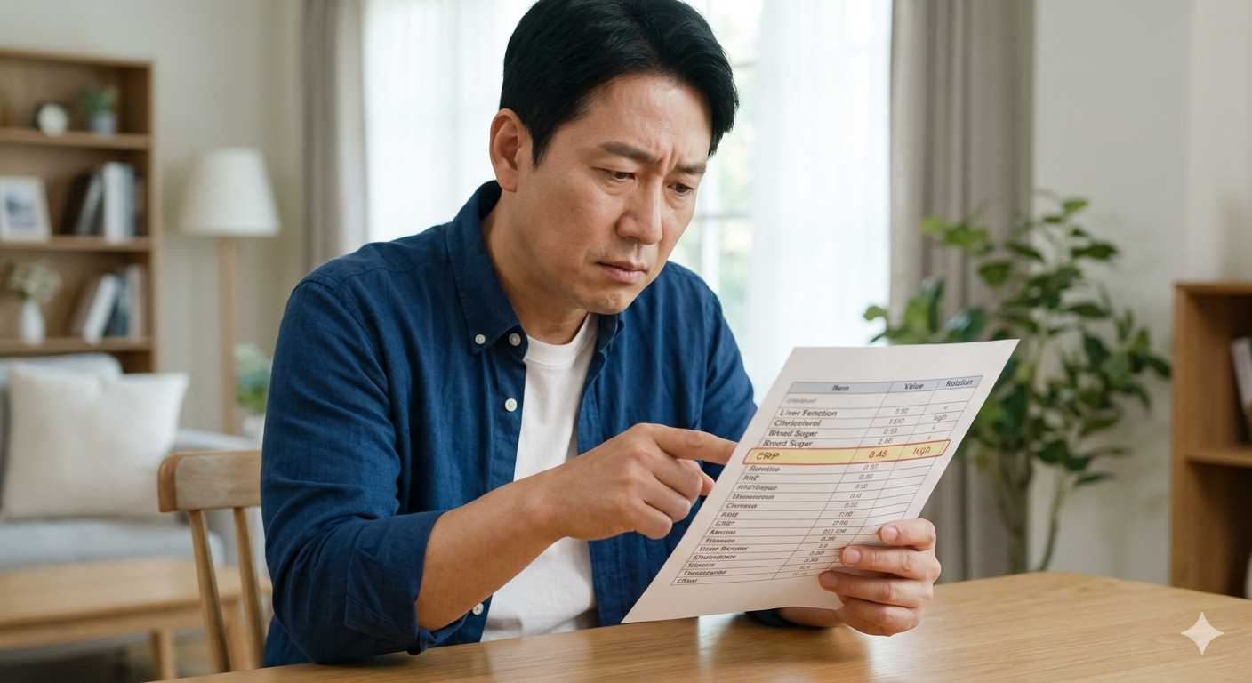 혈액 검사 결과를 받고 걱정하며 읽는 남성의 모습