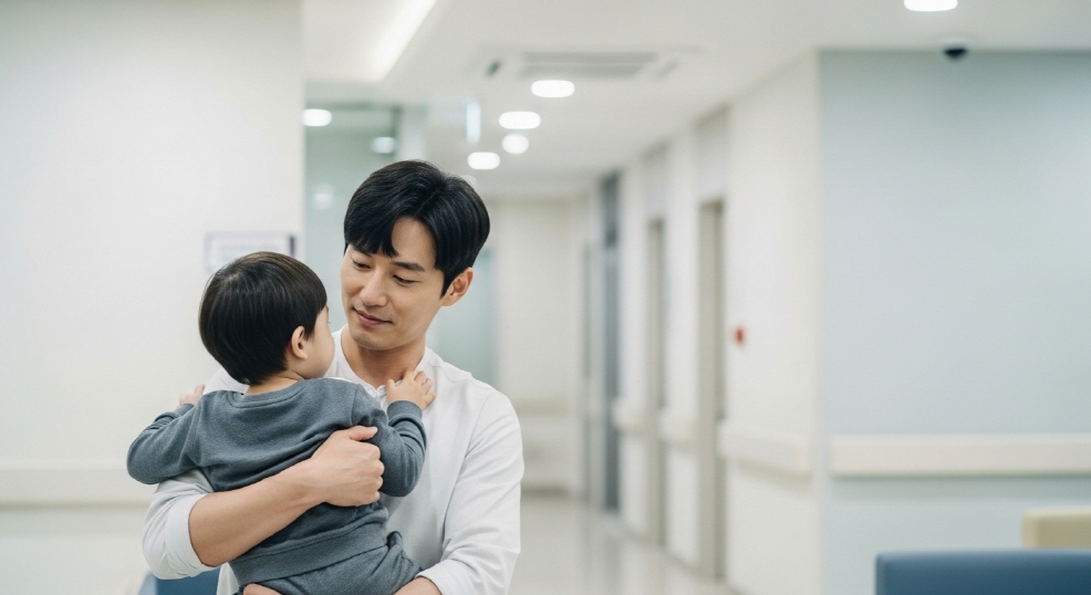 병원 대기실에서 아이를 안고 있는 남성