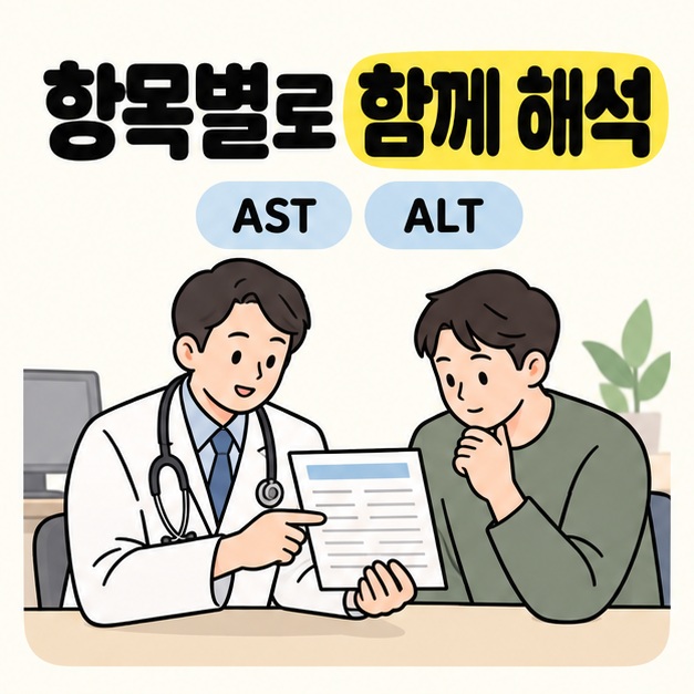 항목별로 함께 해석과 AST, ALT 문구 아래 의료진과 성인이 검사 결과지를 함께 확인하는 모습