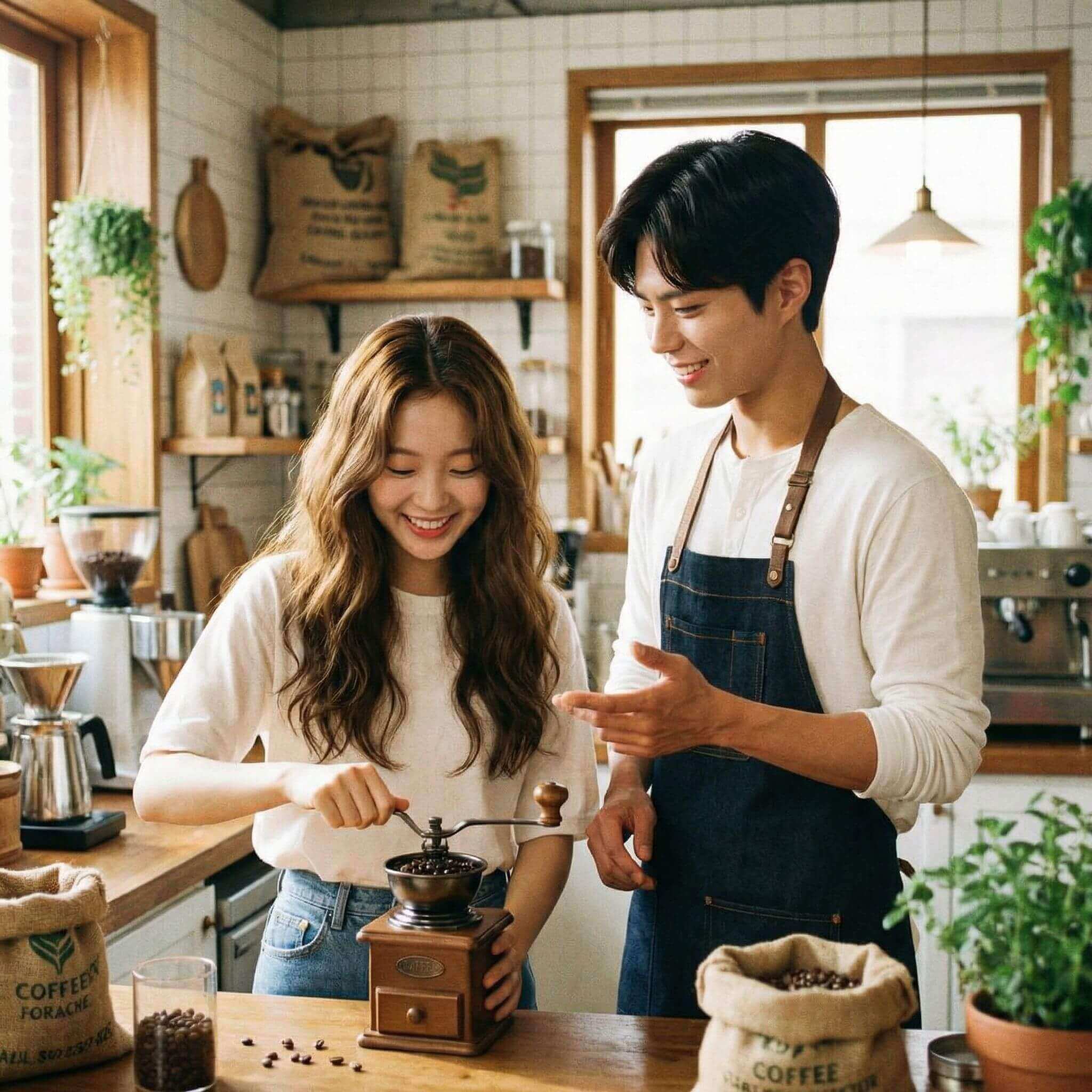 그라인더로 커피를 분쇄하고있는 여자와 남자