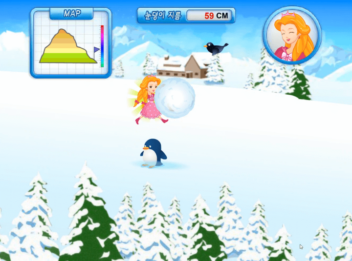 스릴만점-눈굴리기-대작전-중급-쥬니버-플래시게임-플레이2-크라라가-펭귄을-피해-점프하는-화면