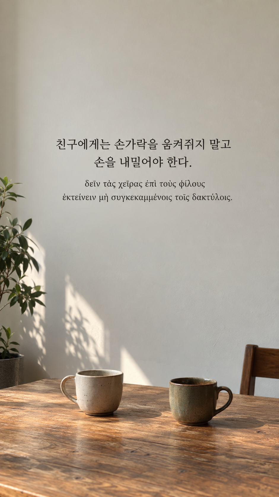디오게네스 명언 14 친구에게는 손가락을 움켜쥐지 말고 손을 내밀어야 한다. 한글과 그리스어 원문이 담긴 세로 사진