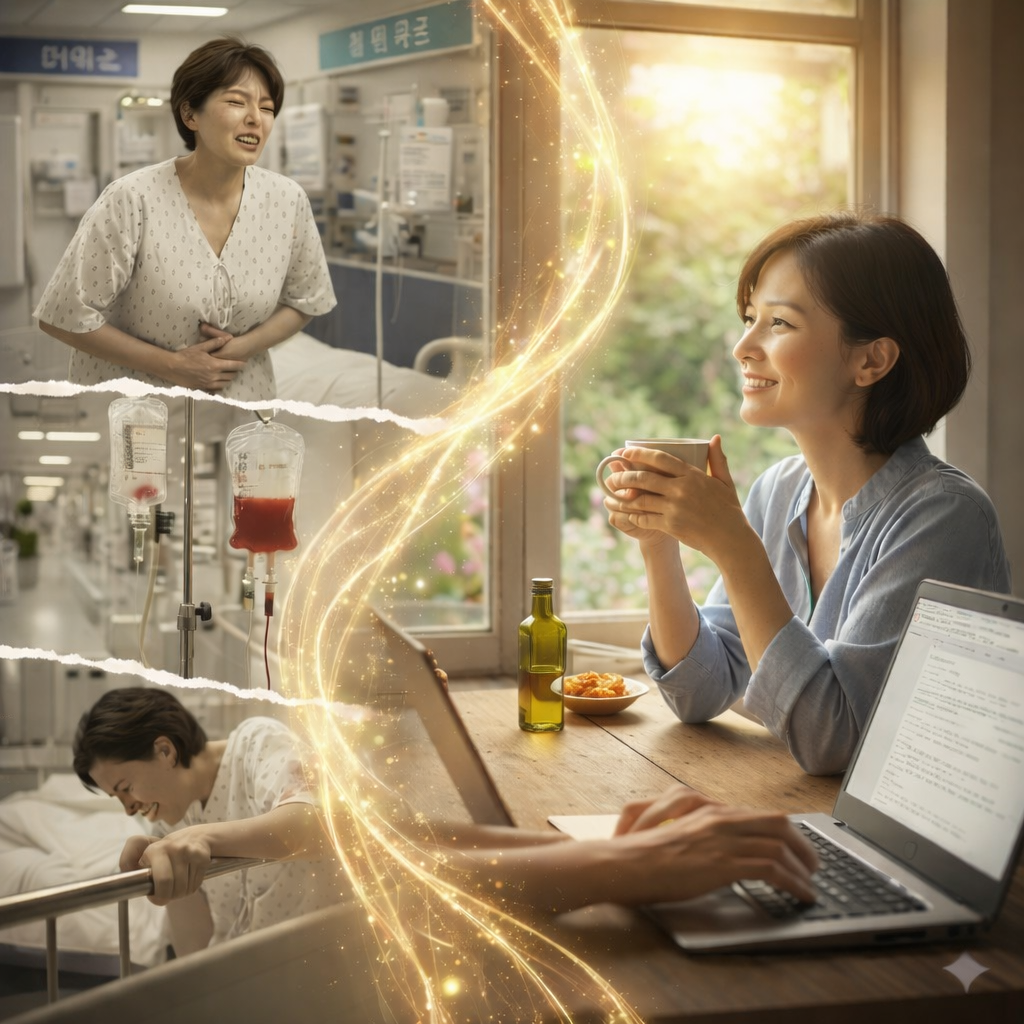 "창가 햇살 아래서 평온한 표정으로 차를 마시는 블로거의 모습. 책상 위에는 건강 루틴을 상징하는 올리브유, 소금, 애사비 식초와 노트북이 놓여 있으며, 15년의 수술 과정을 극복하고 건강한 일상을 회복한 성숙한 삶의 태도를 상징함."