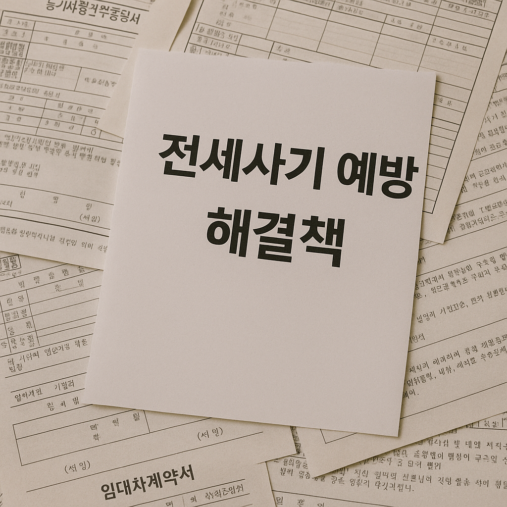 "등기부등본, 임대차계약서 등 복잡한 서류 위에 '전세사기 예방 해결책'이라는 굵은 글씨가 적힌 종이가 놓여 있는 모습. 전세사기 문제로 느끼는 막막함 속에서 해결책이 있음을 강조하는 이미지."