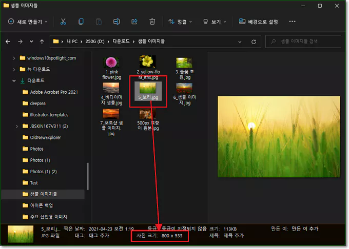 윈도우11 상태표시줄 해상도 크기 표시