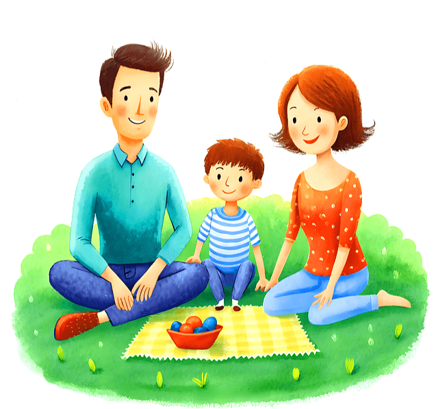 풀밭에 돗자리를 깔고 아빠, 어린 아들, 엄마가 나란히 앉아있다. 돗자리엔 삶은 달걀들이 있다.