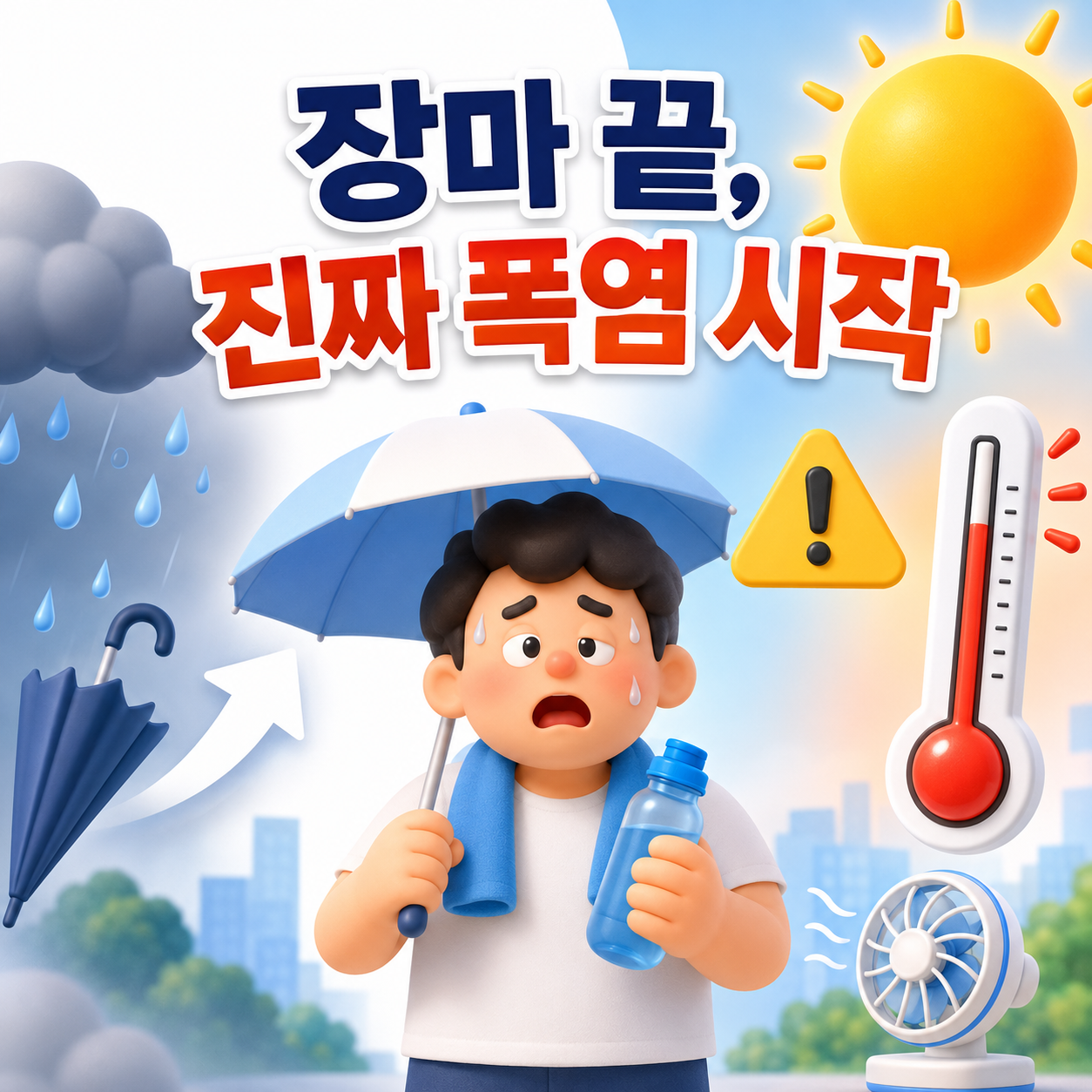 장마가 끝난 뒤 시작된 폭염과 열대야를 표현한 여름 날씨 이미지