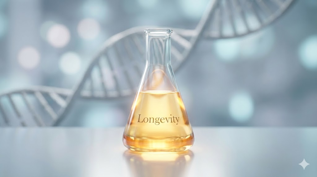 2026년 초고령화 시대에 맞춘 장수(Longevity) 필수 영양제인 NMN과 고함량 항산화제 조합이 담긴 약병과 활기찬 노후를 보내는 시니어의 건강한 라이프스타일 모습