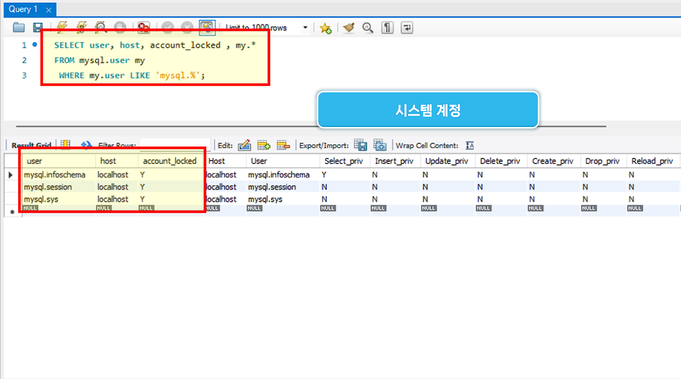 MySQL 시스템 계정 확인.