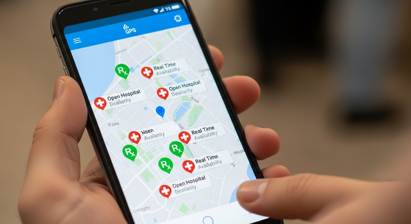 스마트폰 앱을 이용해 내 위치 주변의 문 여는 병원과 약국을 실시간으로 확인하는 모습