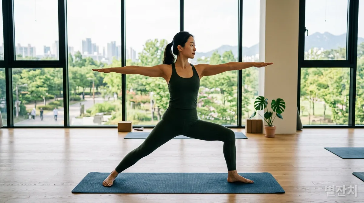 요가를 통해 마음의 근육을 단련하는 한국인 여성의 모습
