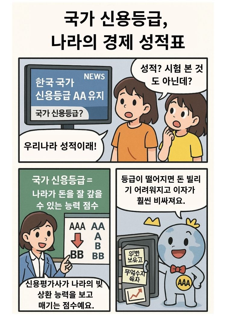 국가 신용등급의 의미와 영향, 유지 방법을 알기 쉽게 설명한 4컷 교육 만화.