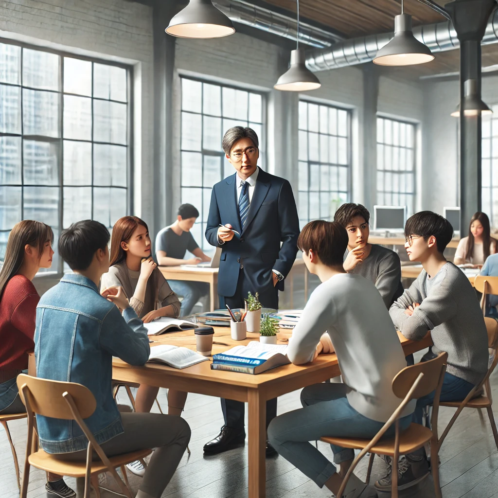 커뮤니티 센터에서 스터디 그룹을 이끌며 시험 준비 전략을 논의하는 중년 남성