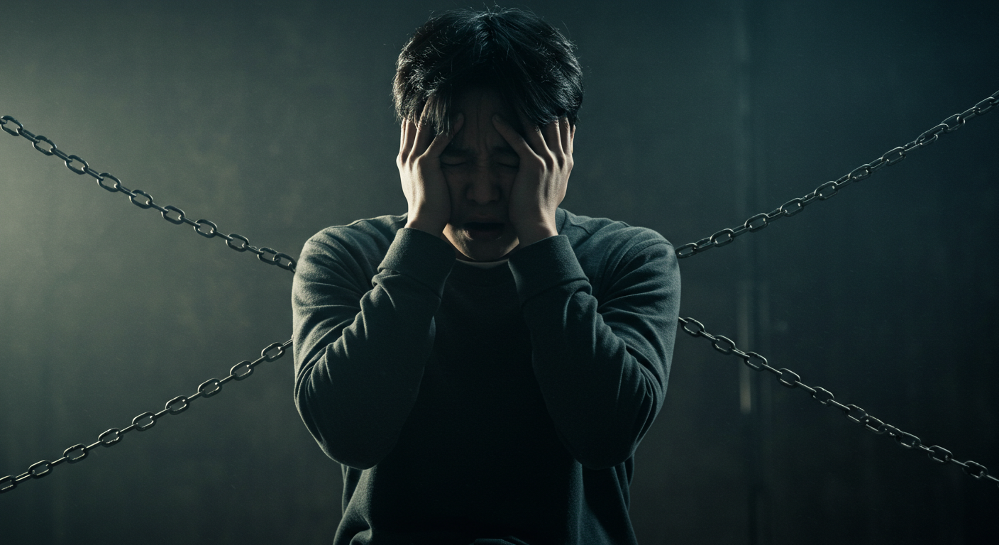 정신적으로 지쳐 보이는 한국인, 의지의 한계를 상징하는 이미지