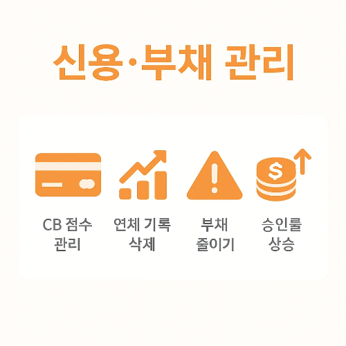 CB 점수 관리, 연체 기록 삭제, 부채 줄이기를 통해 디딤돌대출 승인률을 높일 수 있는 관리 방법을 안내하는 이미지입니다.