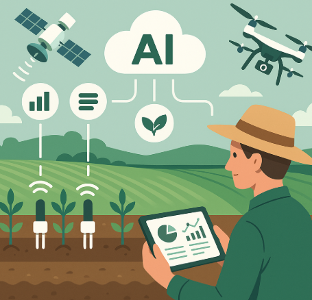 농업 스마트 모니터링을 표현한 인포그래픽. 토양 센서, 드론, 위성이 데이터를 수집하고, 클라우드 AI가 이를 분석해 농민이 스마트 기기로 확인하는 과정을 시각화한 이미지.