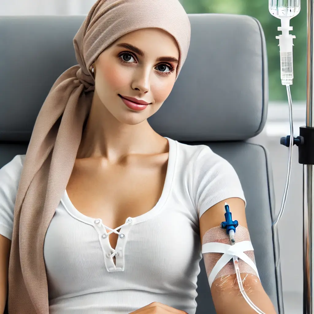 유방암 치료를 받는 여성의 모습(항암제 주사, 방사선 치료 장면 등)