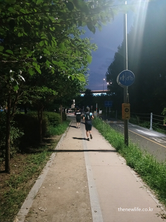 흙길과 시멘트 길이 함께 있는 산책로에서 밤에 슬로우 조깅을 하는 사람들