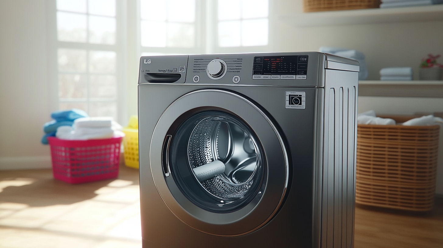 넓은 가족 세탁실에 놓인 LG 통돌이 세탁기의 실내 장면, 배경에 가족 빨래 바구니가 있는 따뜻한 느낌의 이미지