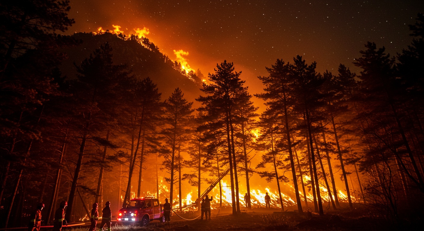 한국 강원도 대형 산불 진화 작업 모습