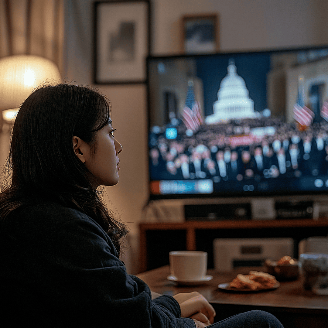 따뜻한 실내에서 TV로 미국 국회의사당 취임식을 시청하는 여성