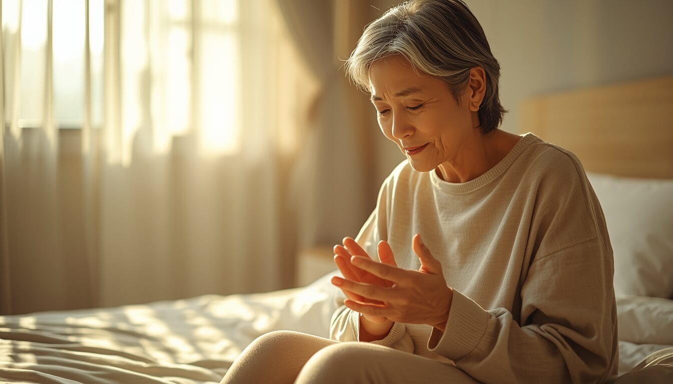 아침에 일어나 손가락 뻣뻣함을 느끼며 마사지하는 여성