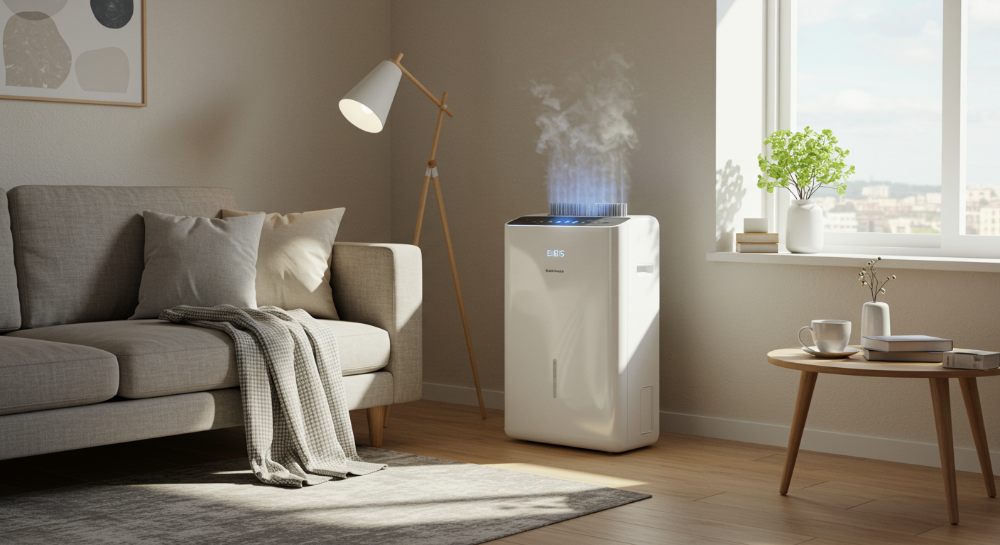 2025년형 최신 디자인의 제습기가 놓인 쾌적하고 깔끔한 실내 풍경.