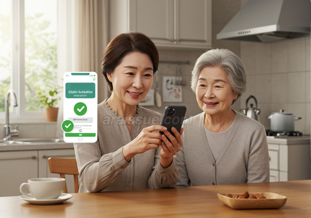 모바일 앱을 통해 실손보험 청구를 한 번의 클릭으로 완료하는 한국 중년 남성. 디지털 기기를 사용하여 간편하게 보험 청구를 처리하는 모습입니다.