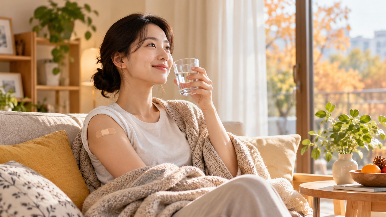 독감 예방접종 후 팔에 밴드를 붙이고 물을 마시며 쉬는 모습