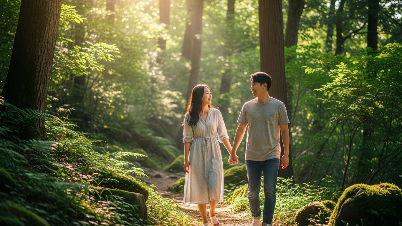 디지털 기기에서 벗어나 자연 속에서 서로에게 집중하며 행복한 시간을 보내는 한국인 커플