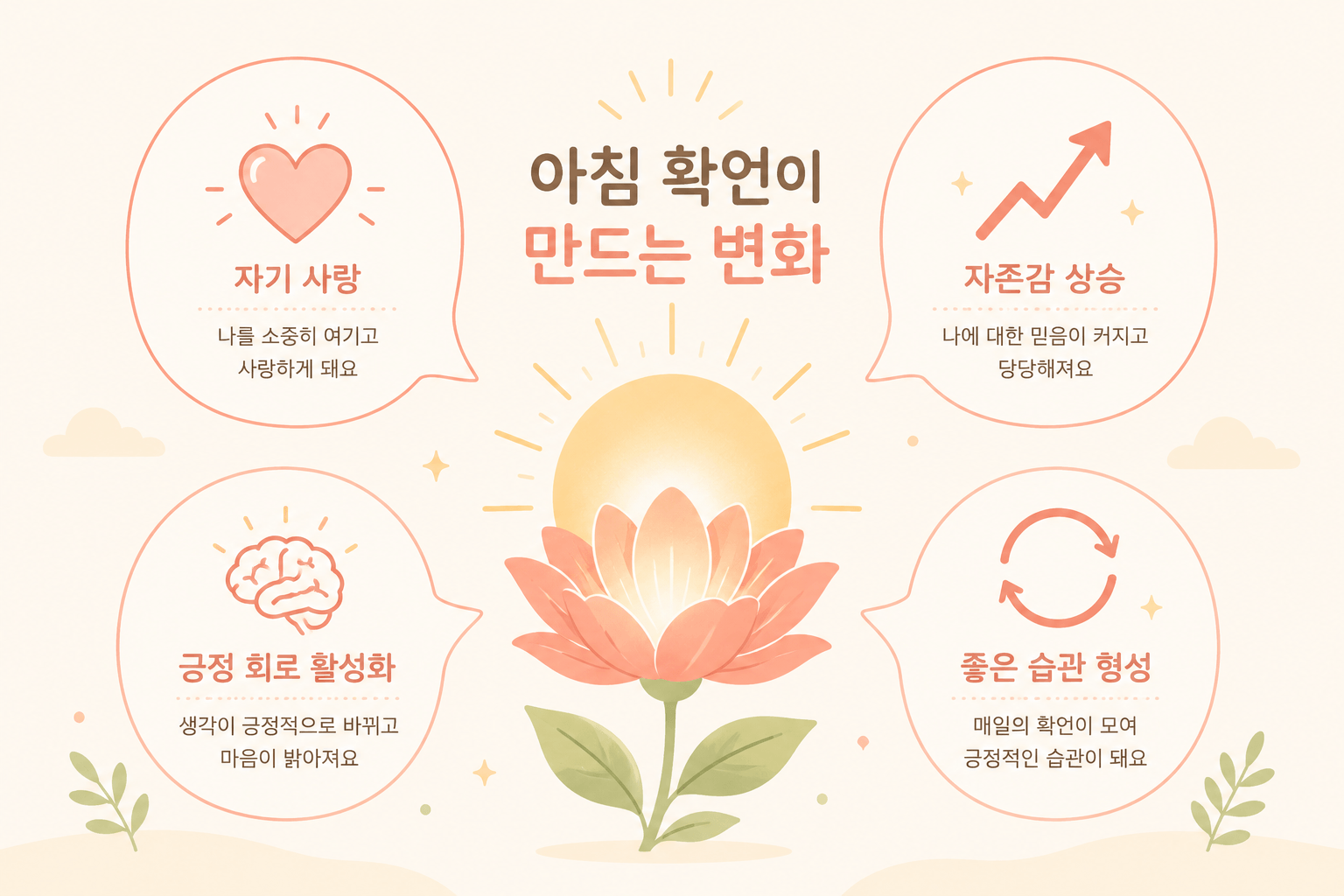 아침 확언의 효과를 꽃과 태양 일러스트를 중심으로 자기 사랑, 자존감 향상, 긍정적 사고, 좋은 습관 형성을 상징 아이콘으로 표현한 미니멀 인포그래픽