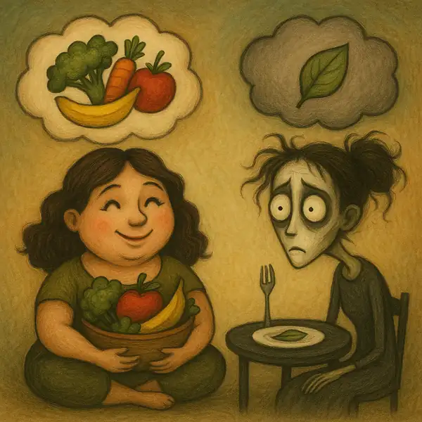 건강한 식단과 억압적인 다이어트 식단을 대비시켜 섭식장애의 위험성을 암시하는 팀 버튼풍 감성 일러스트