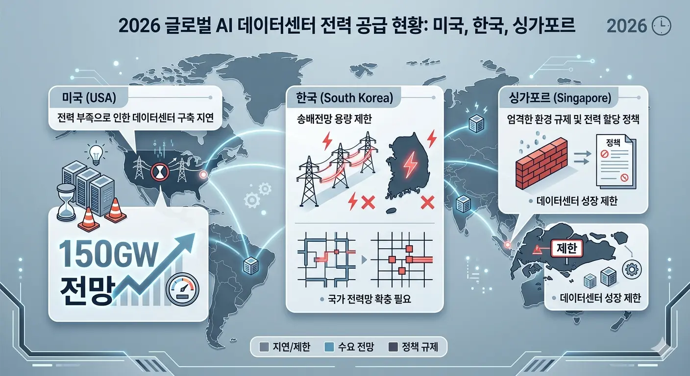 AI data center power supply status by region 2026, United States project delays, Korea transmission limits, Singapore regulation restrictions, 150GW US demand forecast