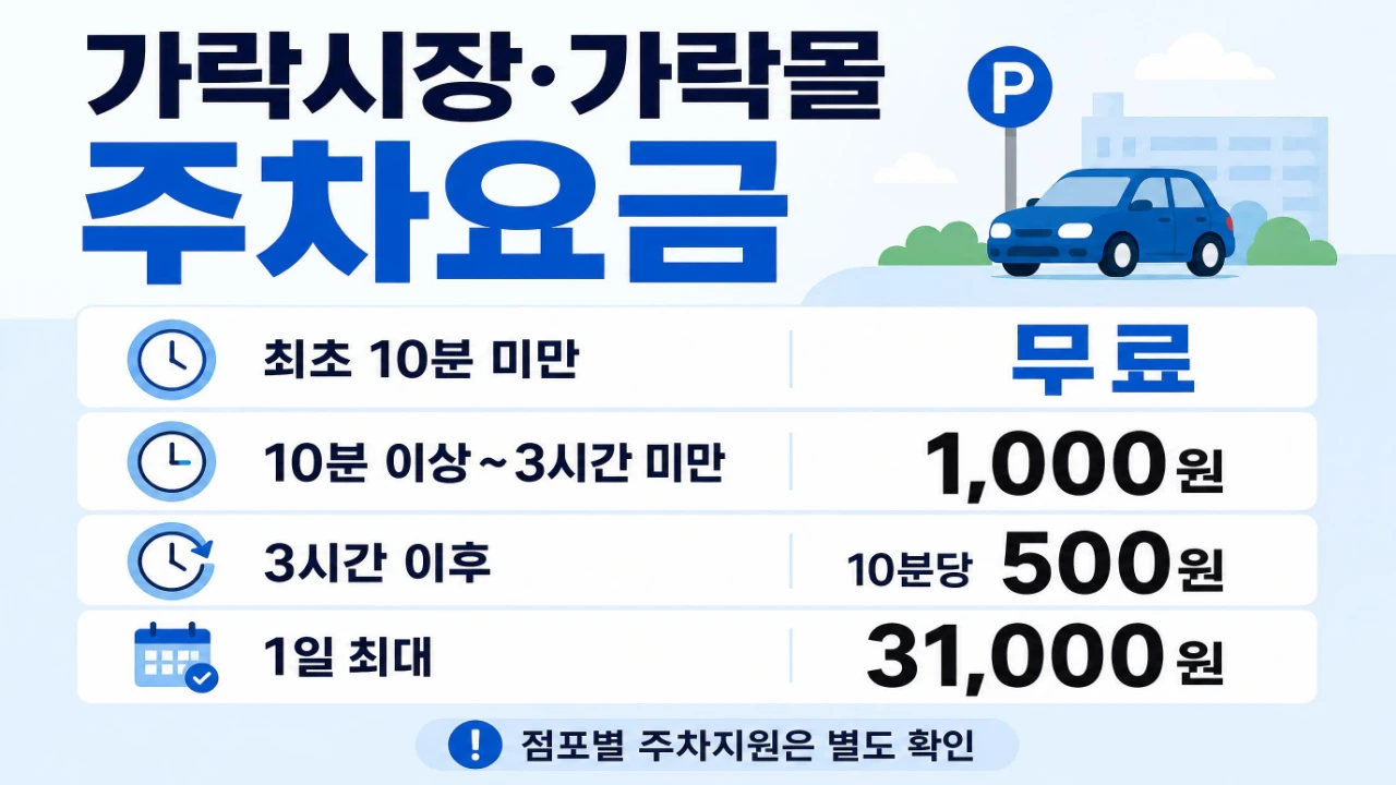 가락시장 가락몰 주차요금 최초 10분 무료 3시간 미만 1000원 안내