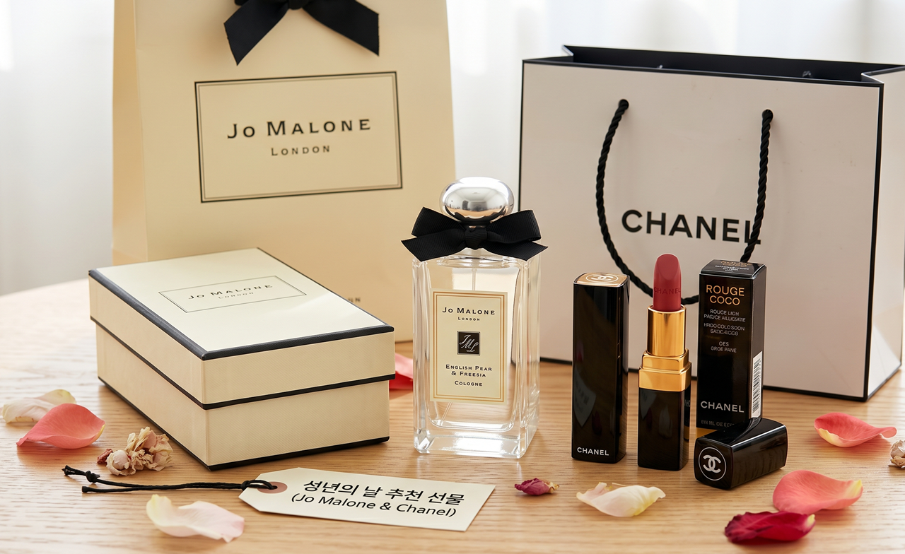Realistic image of Jo Malone perfume and Chanel lipstick for Coming of Age Day gift / 성년의 날 추천 선물 조말론 향수와 샤넬 립스틱 실사 이미지