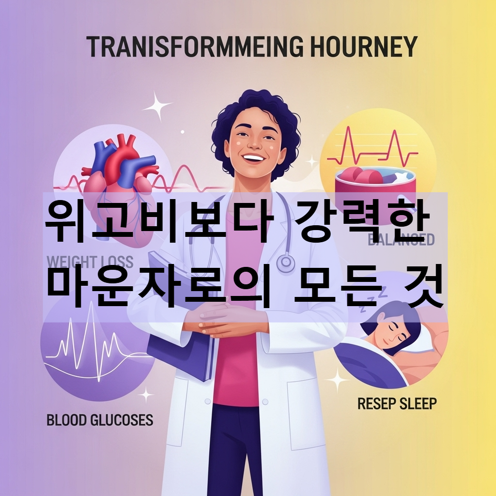 활기차게 웃는 사람이 건강한 체중, 안정된 혈당, 편안한 수면을 상징하는 추상적인 요소들과 함께 서 있는 모습. 마운자로를 통한 건강 개선과 희망을 표현.