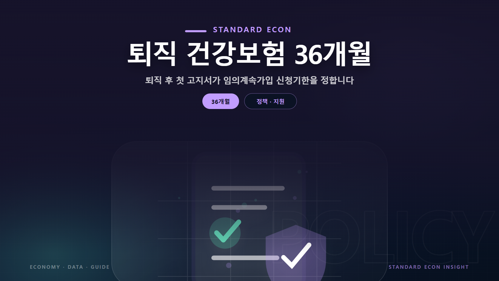 퇴직 건강보험 36개월 문구와 정책 문서와 체크, 보호 방패 그래픽 요소를 담은 정책 · 지원 경제 콘텐츠 대표 이미지