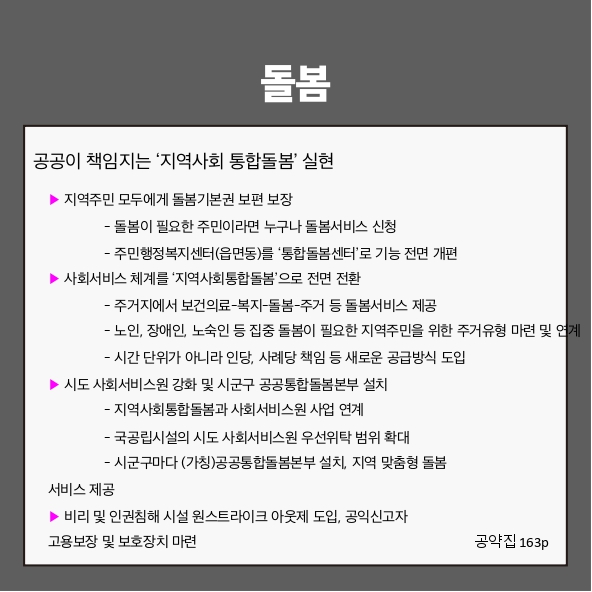 돌봄
공공이 책임지는 ‘지역사회 통합돌봄’ 실현 (공약집 163p)
▶ 지역주민 모두에게 돌봄기본권 보편 보장
 - 돌봄이 필요한 주민이라면 누구나 돌봄서비스 신청
 - 주민행정복지센터(읍면동)를 ‘통합돌봄센터’로 기능 전면 개편
▶ 사회서비스 체계를 ‘지역사회통합돌봄’으로 전면 전환
 - 주거지에서 보건의료-복지-돌봄-주거 등 돌봄서비스 제공
 - 노인, 장애인, 노숙인 등 집중 돌봄이 필요한 지역주민을 위한 주거유형 마련 및 연계
 - 시간 단위가 아니라 인당, 사례당 책임 등 새로운 공급방식 도입
▶ 시도 사회서비스원 강화 및 시군구 공공통합돌봄본부 설치
 - 지역사회통합돌봄과 사회서비스원 사업 연계
 - 국공립시설의 시도 사회서비스원 우선위탁 범위 확대
 - 시군구마다 (가칭)공공통합돌봄본부 설치, 지역 맞춤형 돌봄서비스 제공
▶ 비리 및 인권침해 시설 원스트라이크 아웃제 도입, 공익신고자 고용보장 및 보호장치 마련