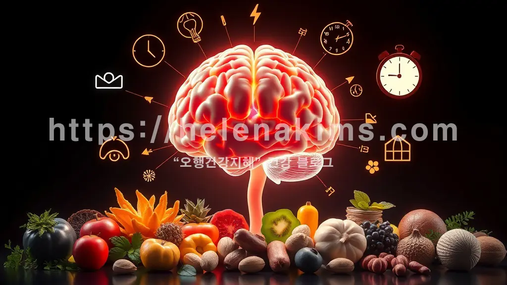 배경에는 싱싱한 채소와 과일이 놓여 있고 두 손으로 뇌 모형을 들고 있는 모습.