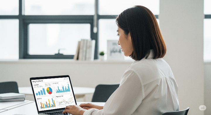 최신 구글 알고리즘 변화를 연구하는 여성 블로거