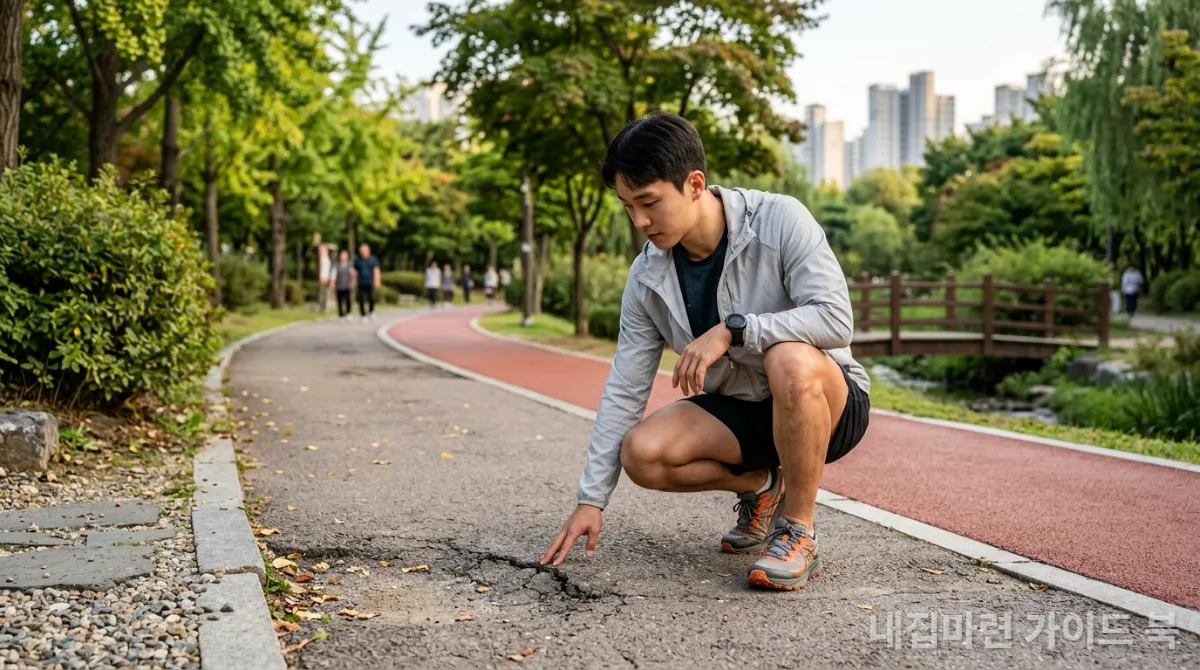 공원의 러닝 코스 바닥 재질을 확인하는 젊은 한국 남성