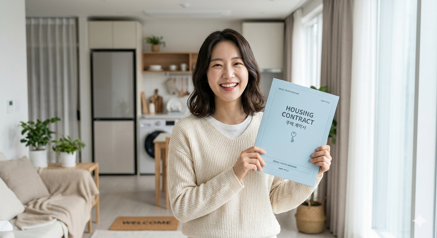 청년 임대주택 입주 계약을 확인하며 기뻐하는 모습