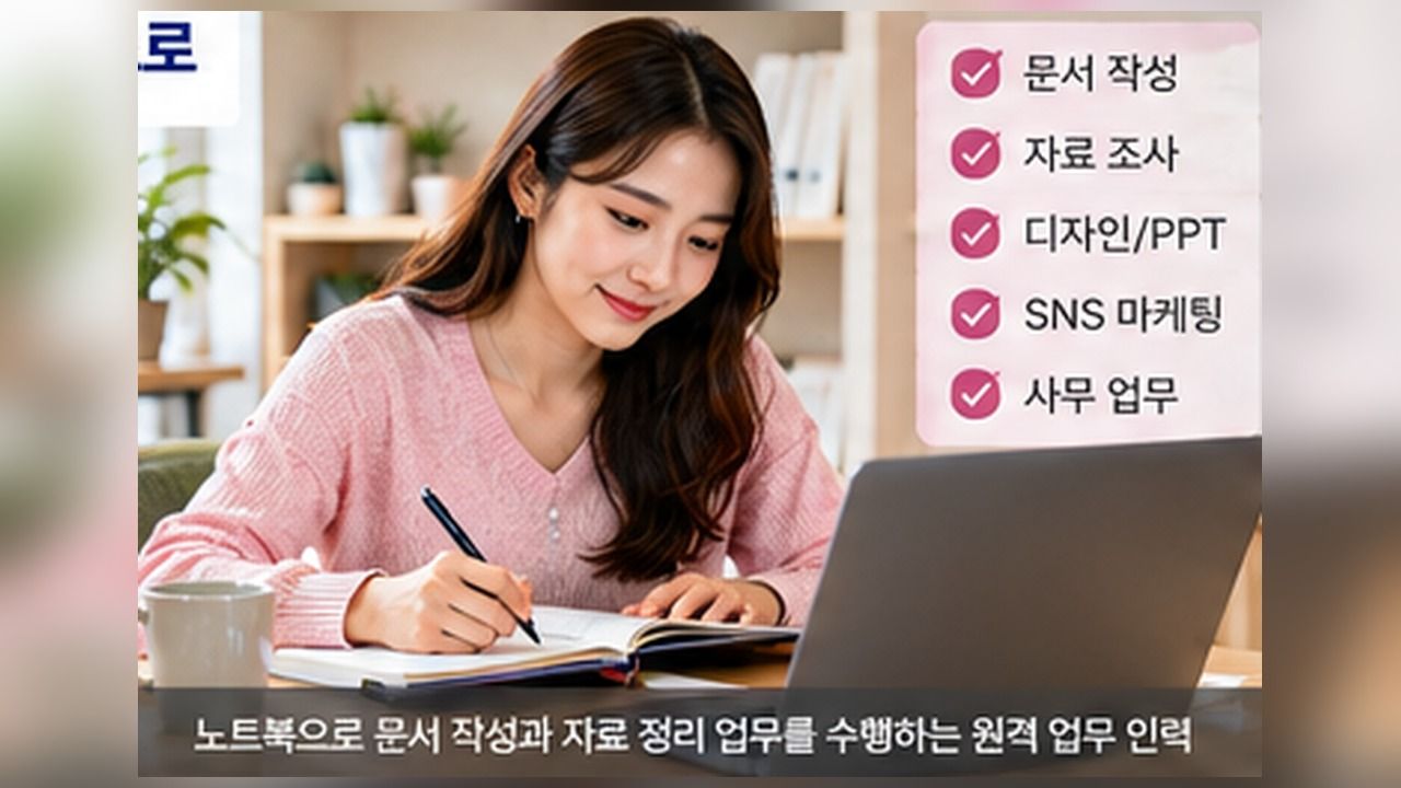 노트북으로 문서 작성과 자료 조사를 수행하는 원격 근무자