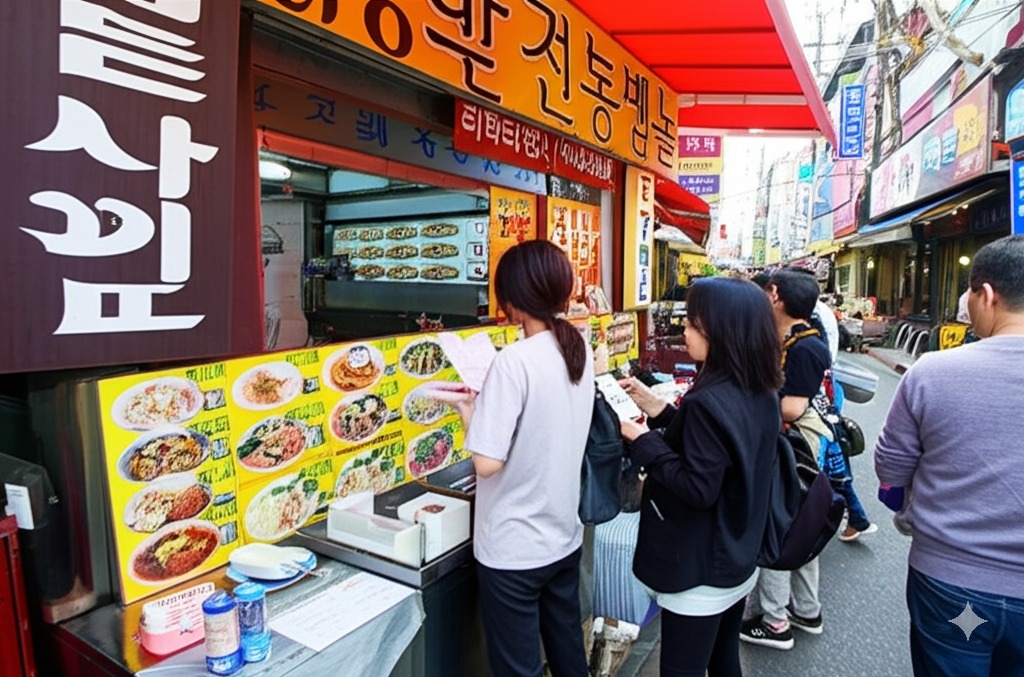비빔당면 가게 앞에서 메뉴를 고르는 사진