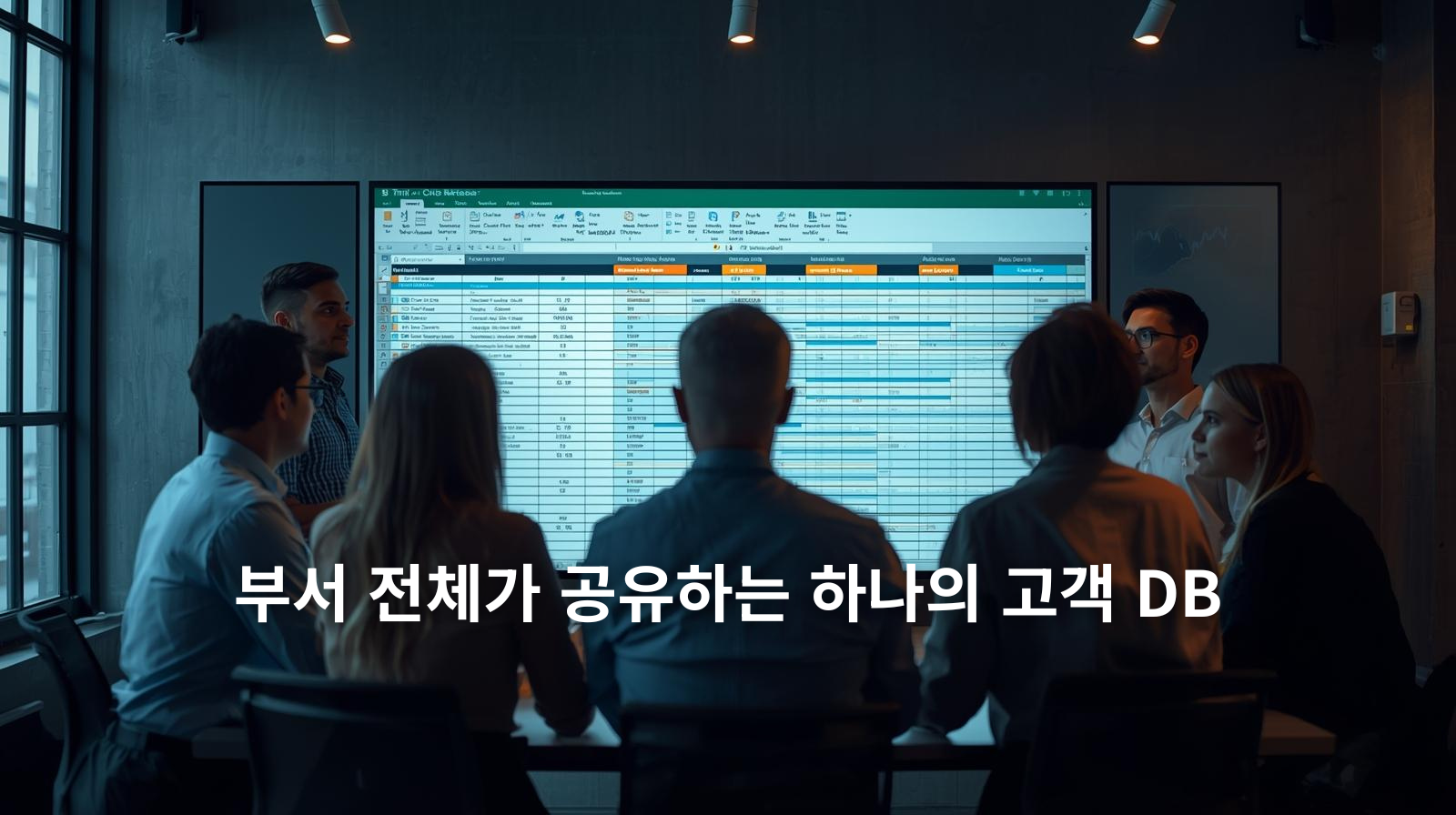 대형 스크린에 공유 스프레드시트가 표시되고 팀원들이 함께 확인하는 장면