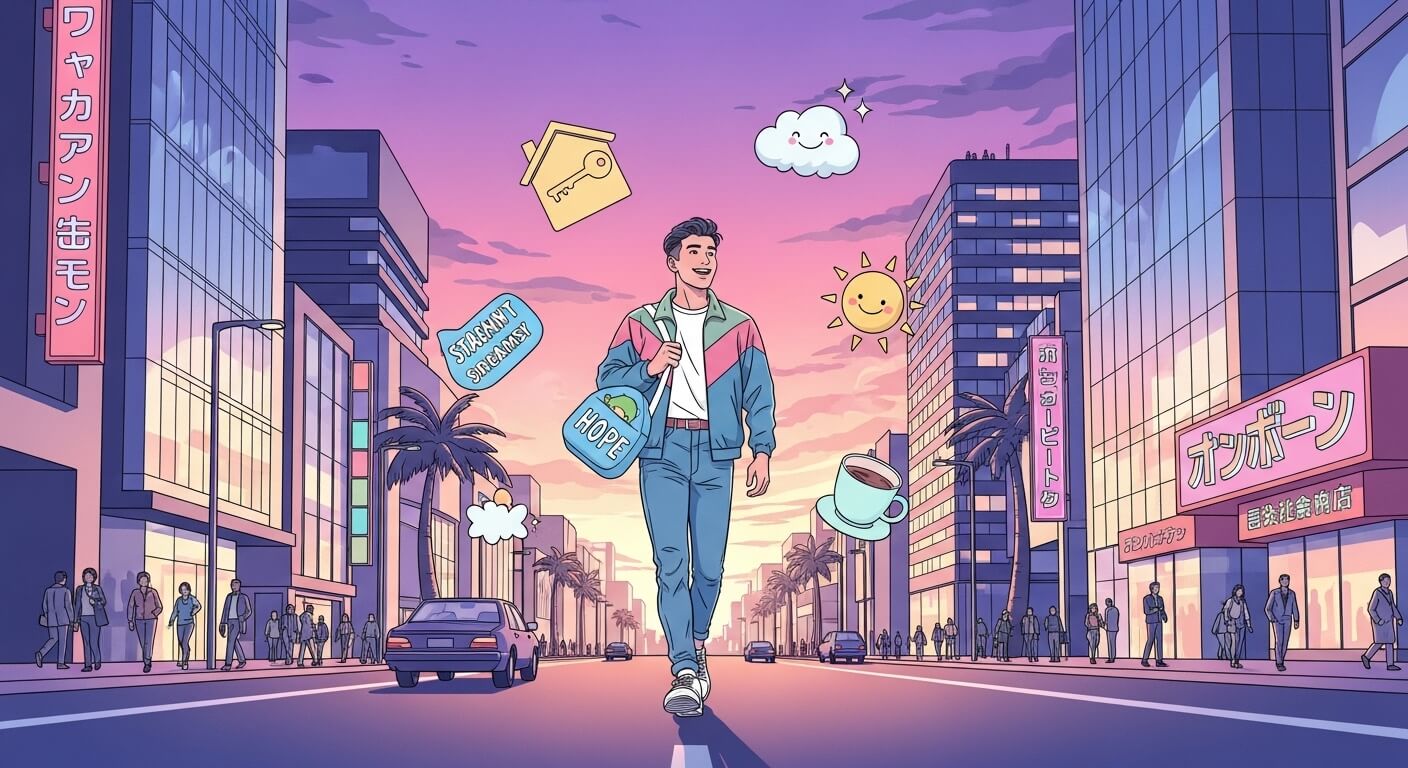 청년이 한거로운 도시의 거리를 걷고 있다